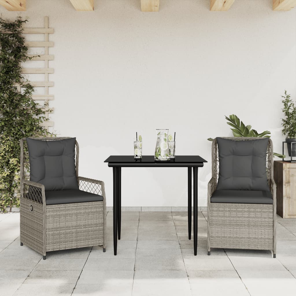 spisebordssæt til haven 3 dele med hynder polyrattan lysegrå