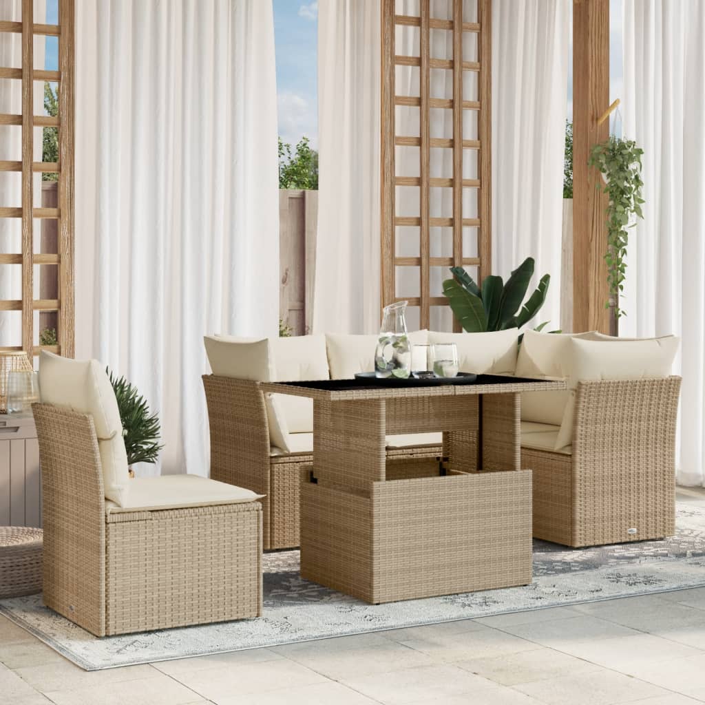 sofasæt til haven 6 dele med hynder polyrattan beige