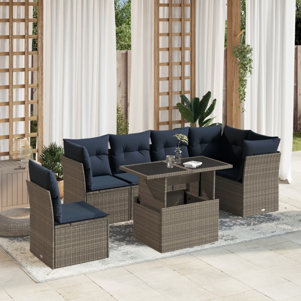 havesofasæt med 7 dele og hynder grå polyrattan