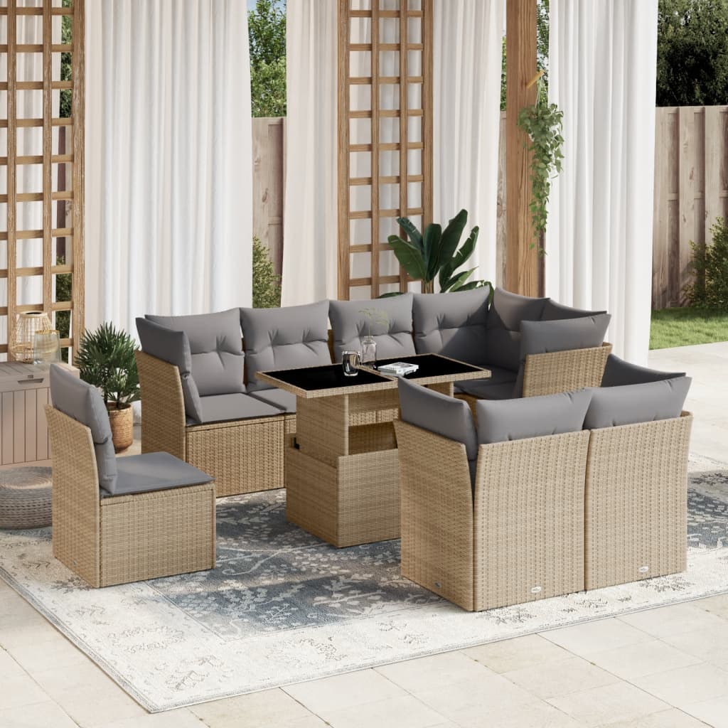 sofasæt til haven 9 dele med hynder polyrattan beige