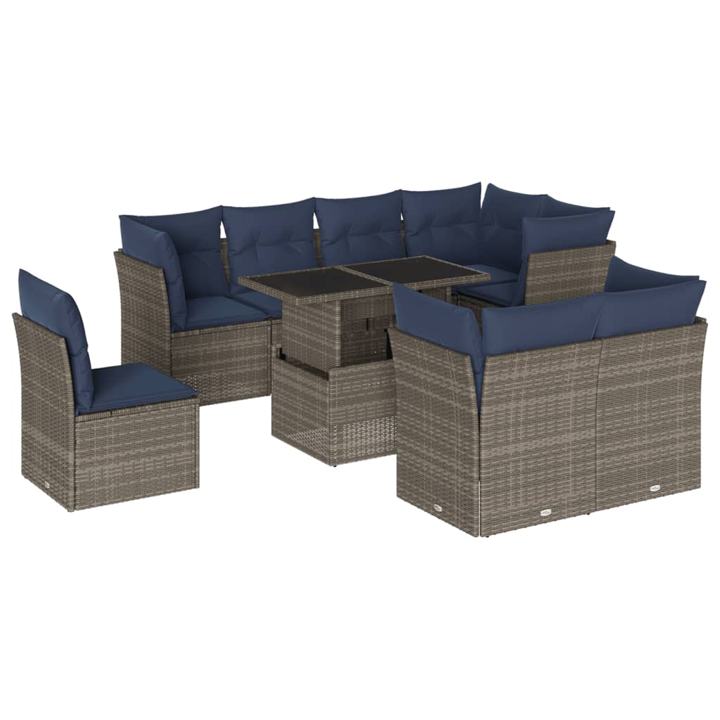 havesofasæt med 9 dele og hynder grå polyrattan