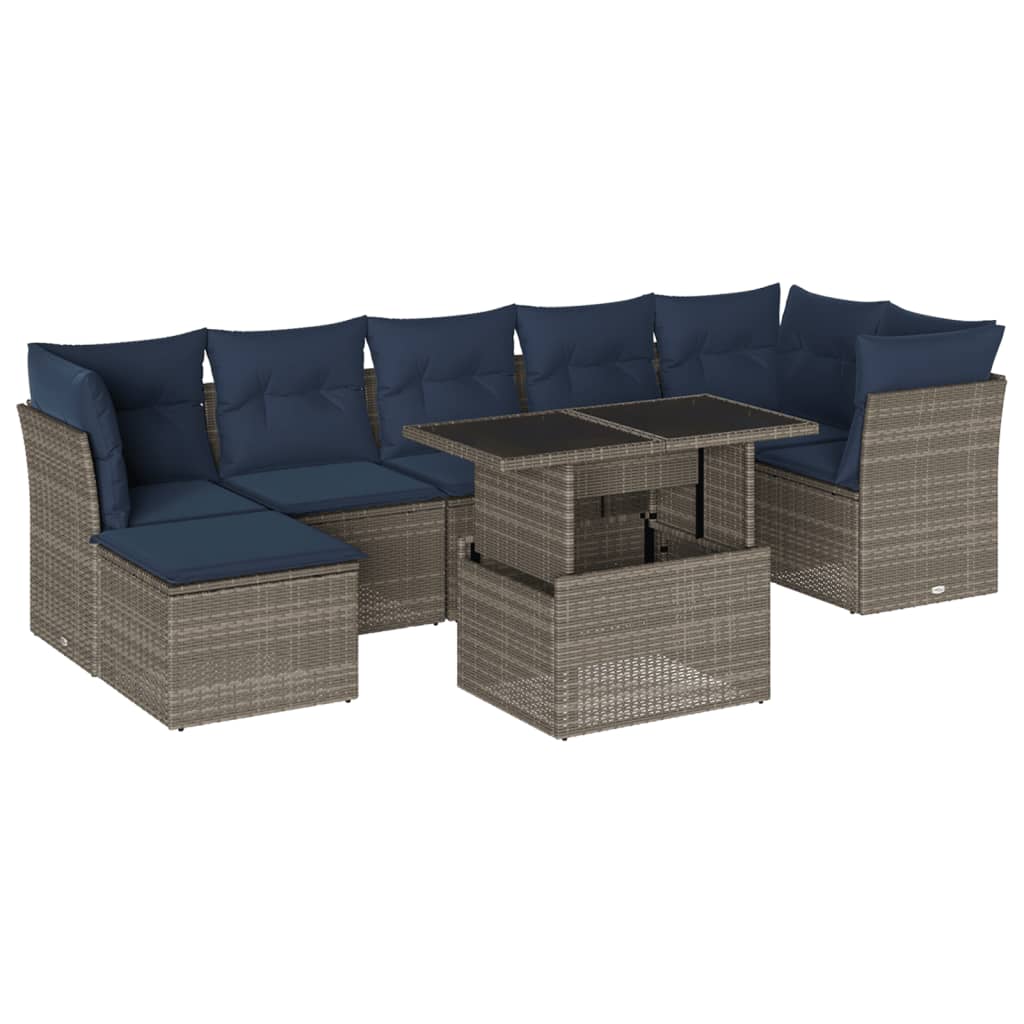 havesofasæt med 8 hynder grå polyrattan
