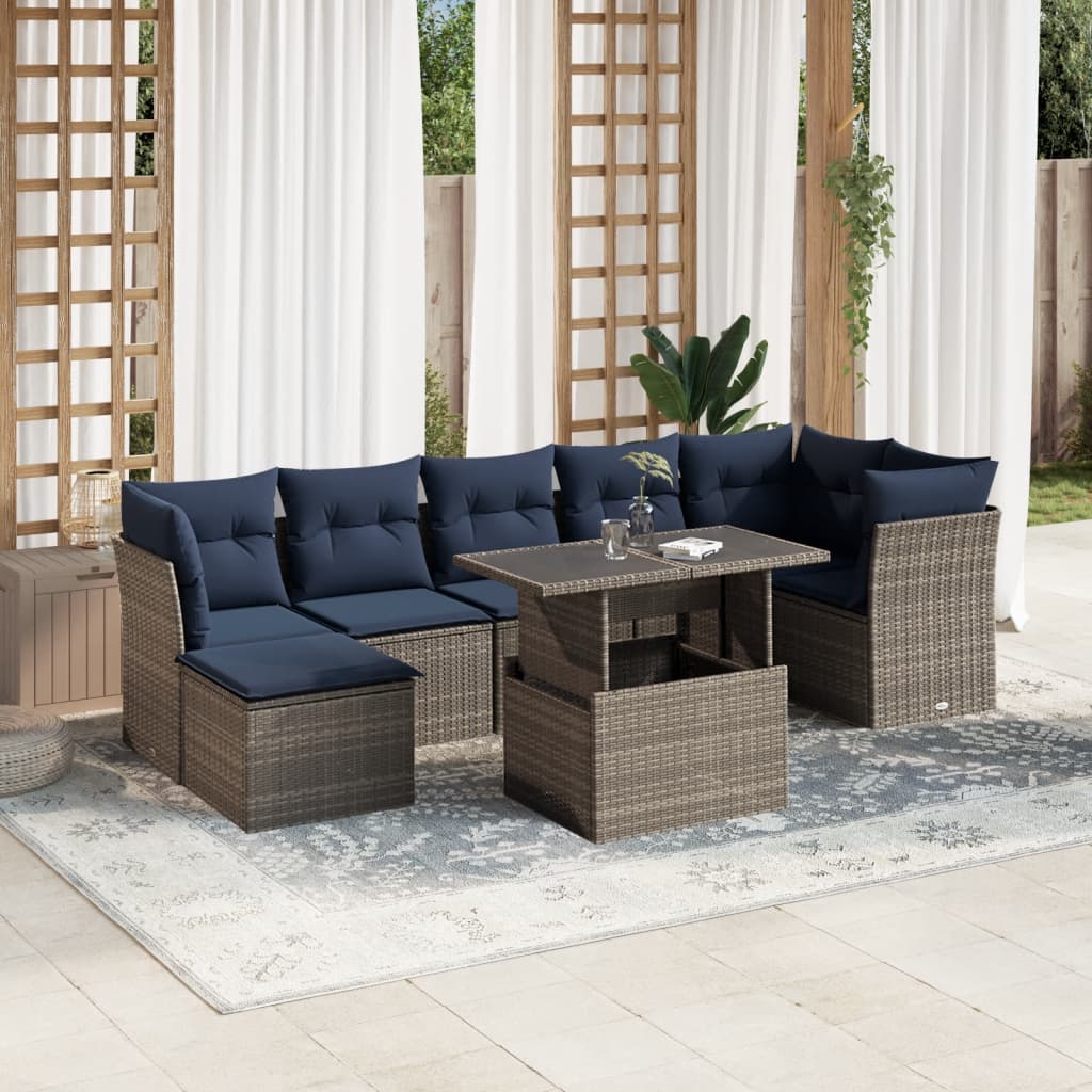 havesofasæt med 8 hynder grå polyrattan