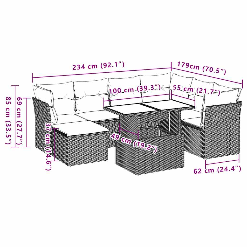 havesofasæt med 8 hynder grå polyrattan