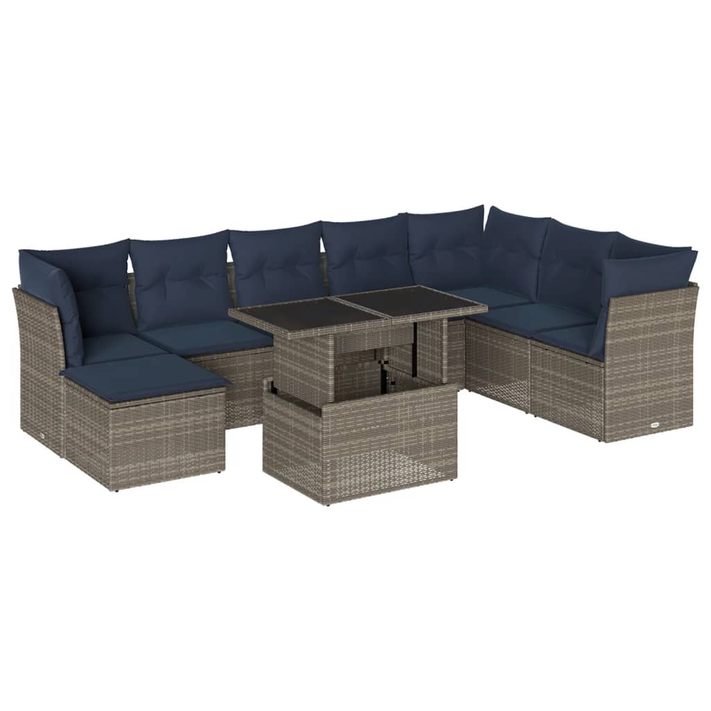 havesofasæt med 9 dele og hynder grå polyrattan