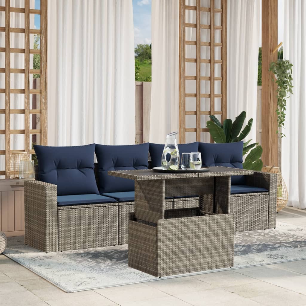havesofasæt med 5 dele og hynder grå polyrattan