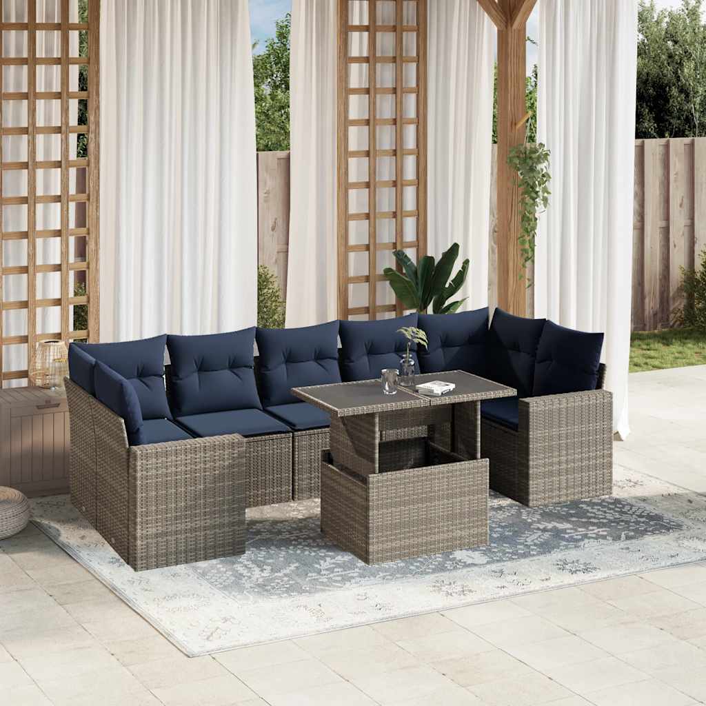 havesofasæt med 8 hynder grå polyrattan