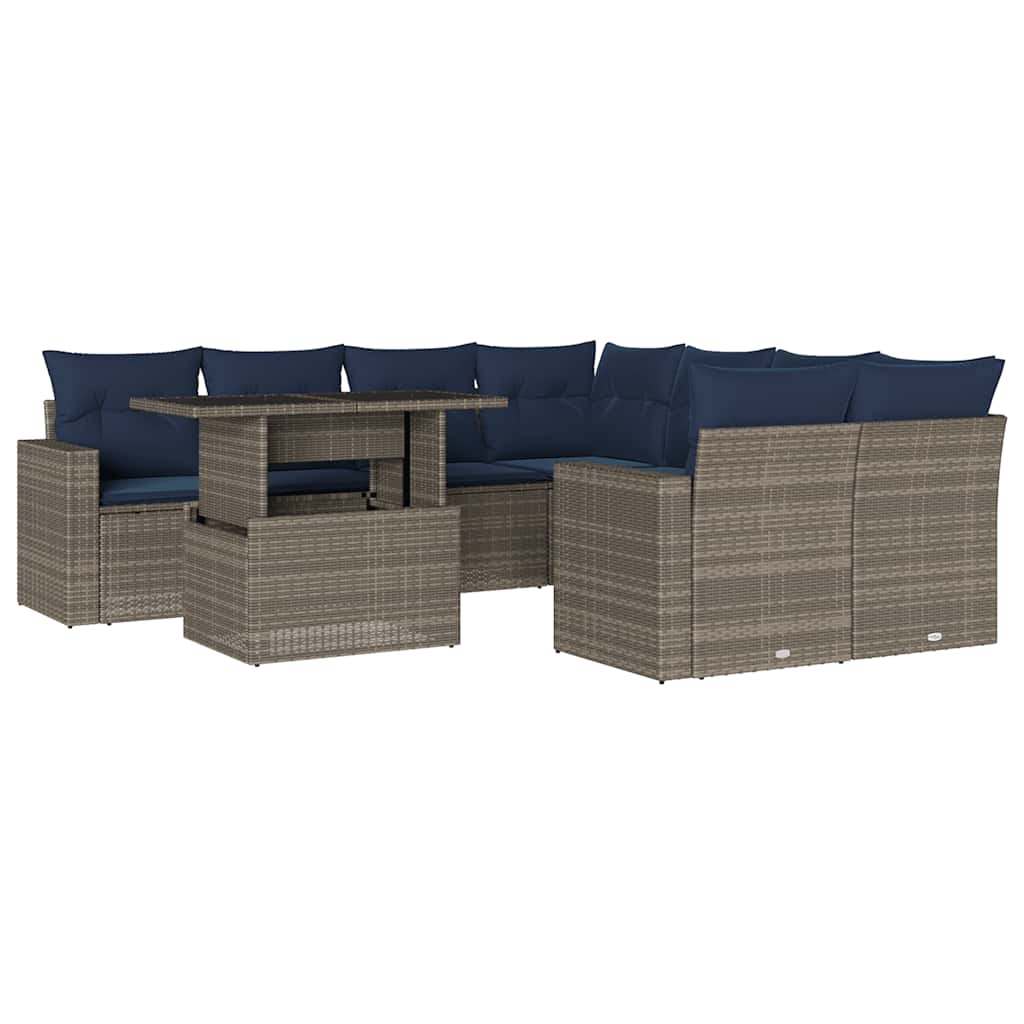 havesofasæt med 9 dele og hynder grå polyrattan