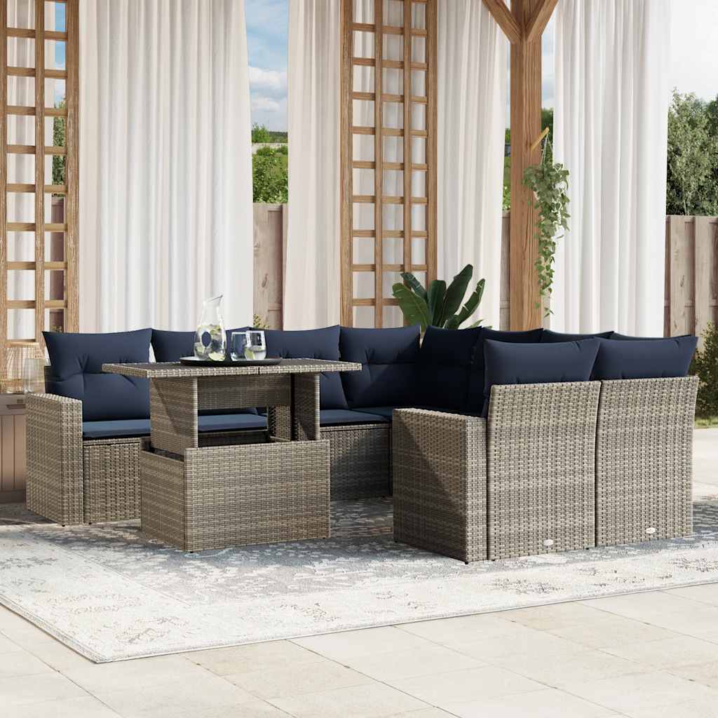 havesofasæt med 9 dele og hynder grå polyrattan