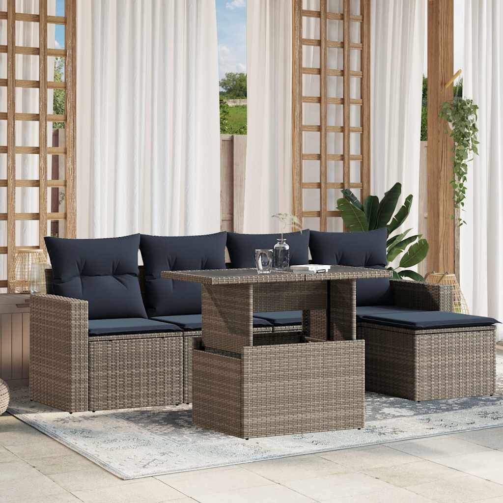havesofasæt med 6 dele og hynder grå polyrattan