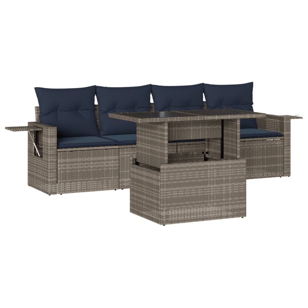 havesofasæt med 5 dele og hynder grå polyrattan