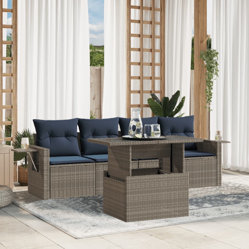 havesofasæt med 5 dele og hynder grå polyrattan