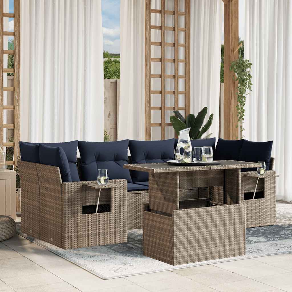 havesofasæt med 7 dele og hynder grå polyrattan