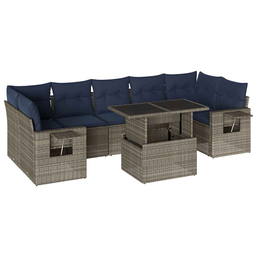 havesofasæt med 8 hynder grå polyrattan