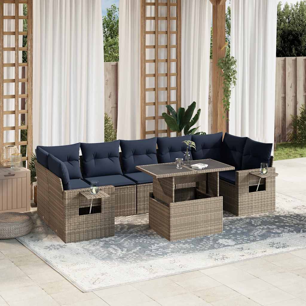 havesofasæt med 8 hynder grå polyrattan