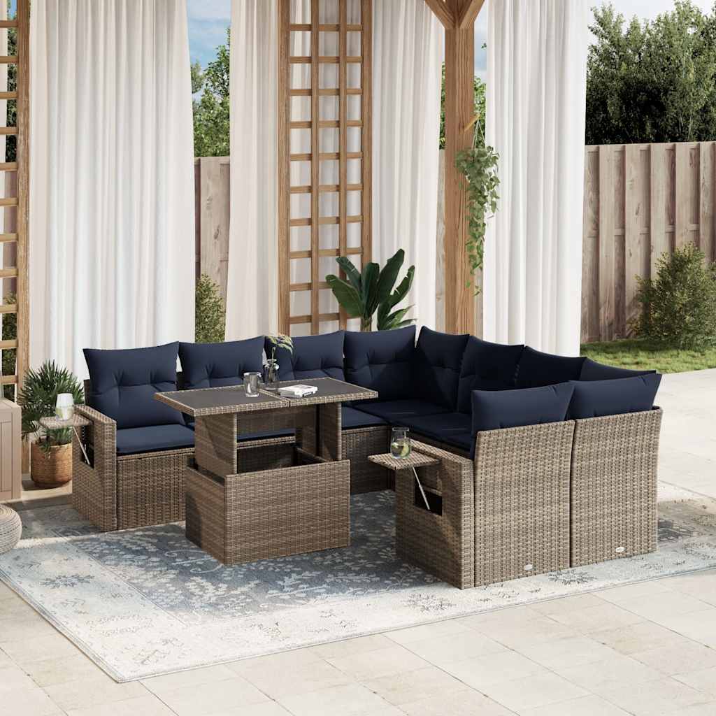 havesofasæt med 9 dele og hynder grå polyrattan