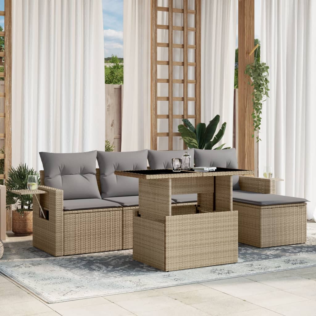 sofasæt til haven 6 dele med hynder polyrattan beige