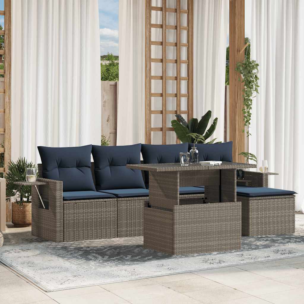 havesofasæt med 6 dele og hynder grå polyrattan