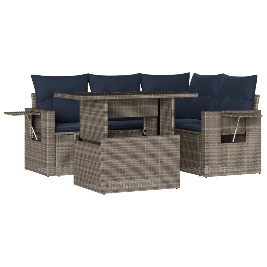 havesofasæt med 5 dele og hynder grå polyrattan