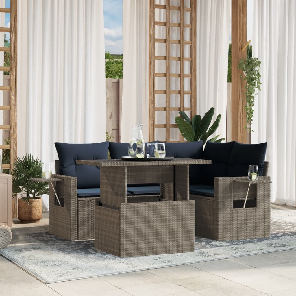 havesofasæt med 5 dele og hynder grå polyrattan