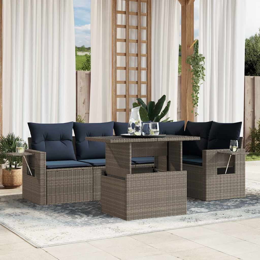 havesofasæt med 6 dele og hynder grå polyrattan