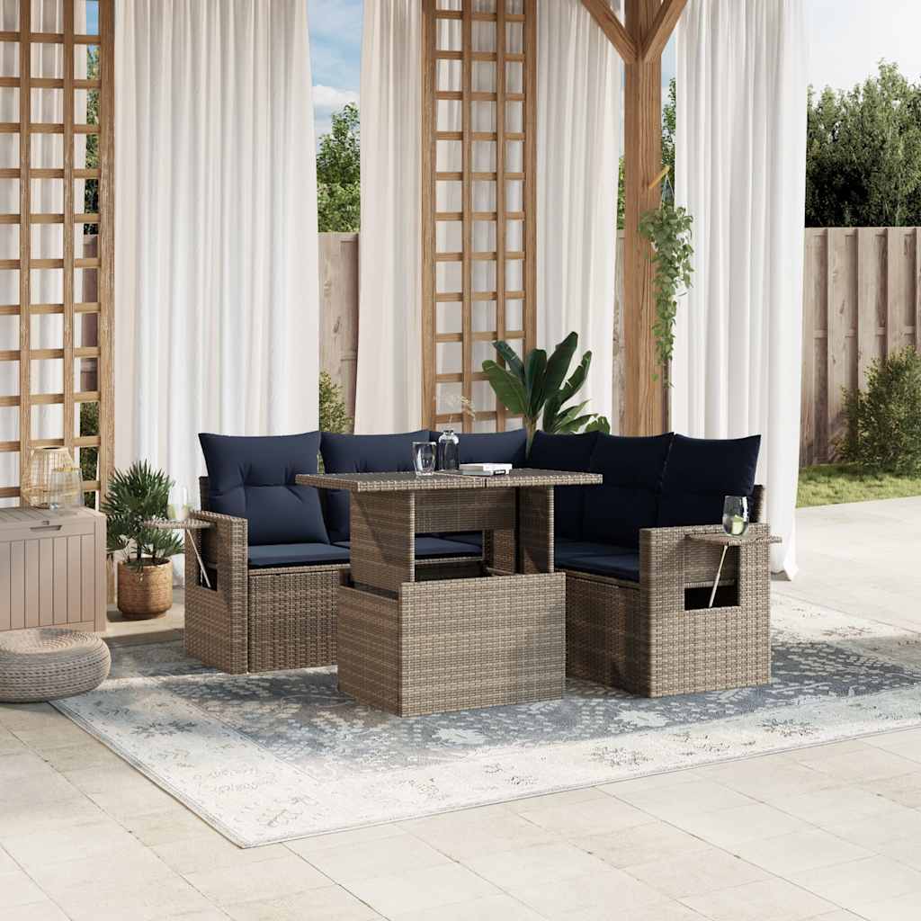 havesofasæt med 6 dele og hynder grå polyrattan
