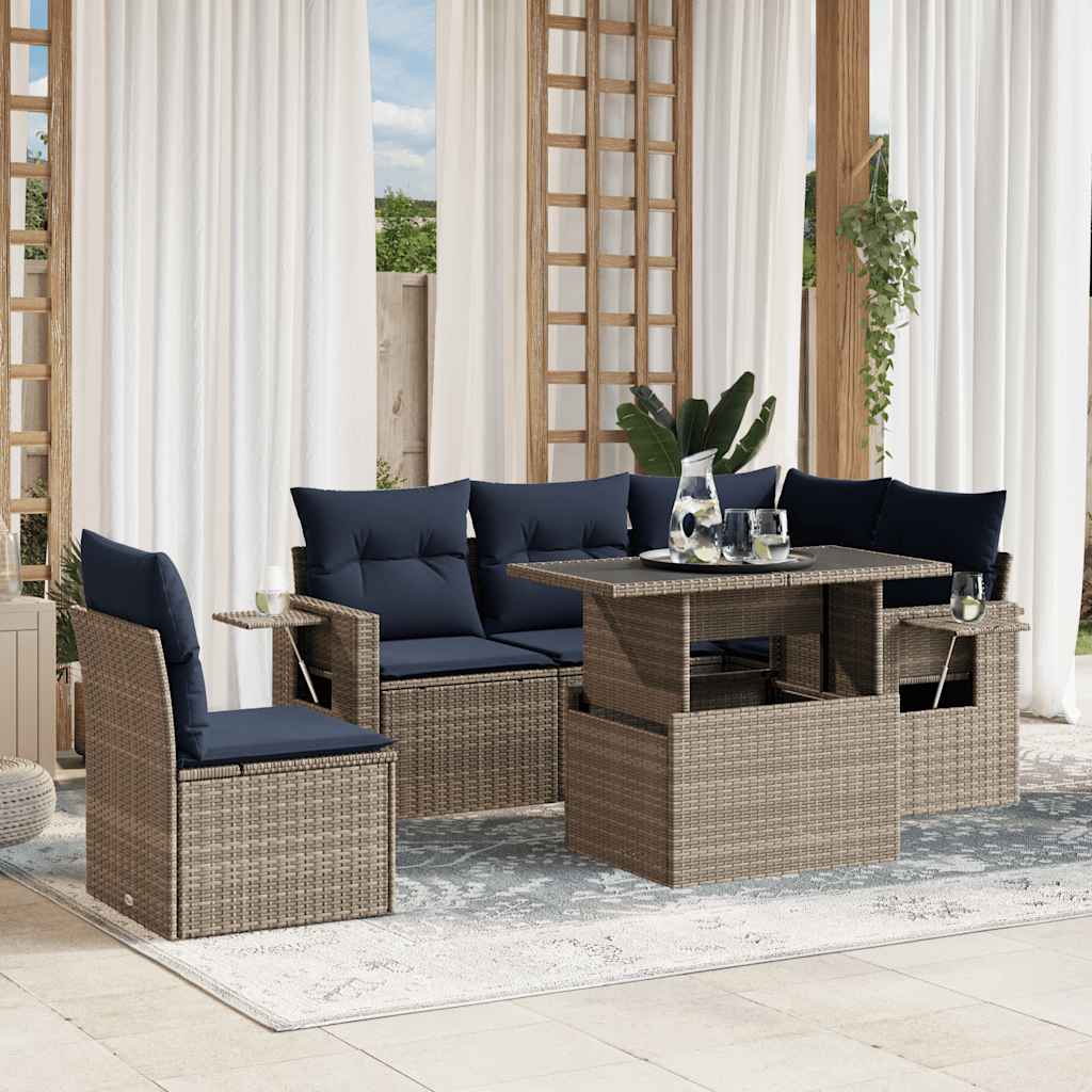 havesofasæt med 6 dele og hynder grå polyrattan