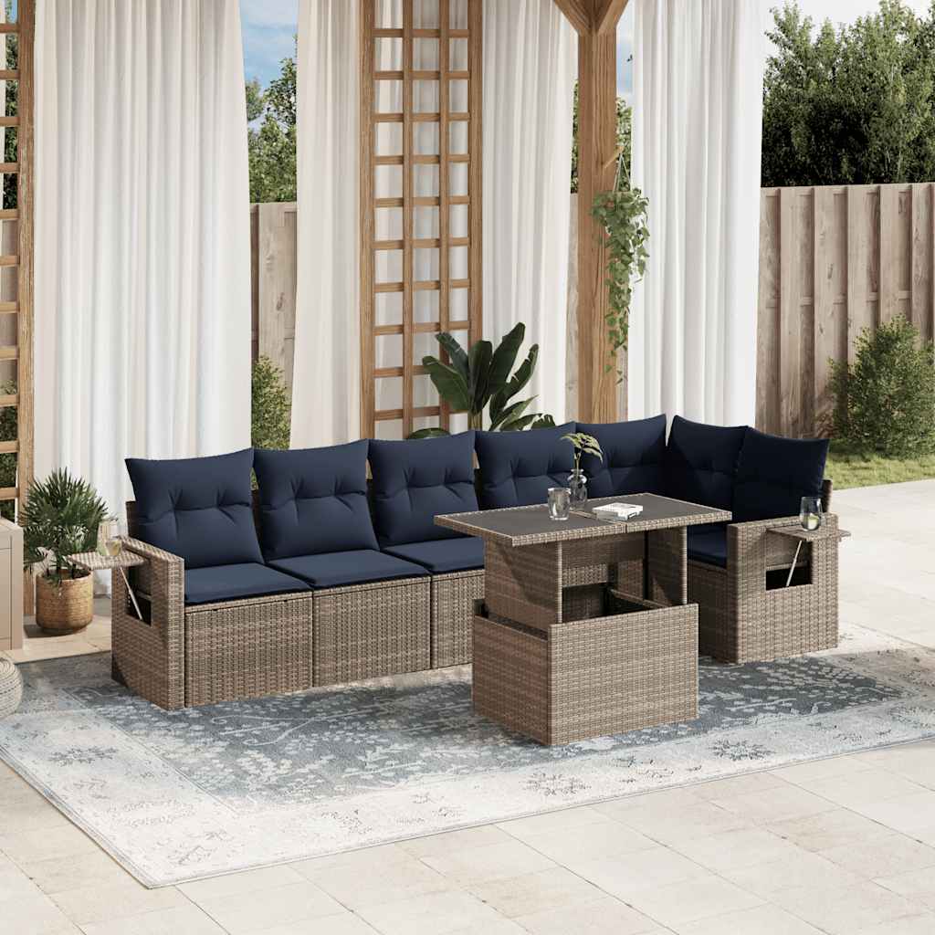 havesofasæt med 7 dele og hynder grå polyrattan