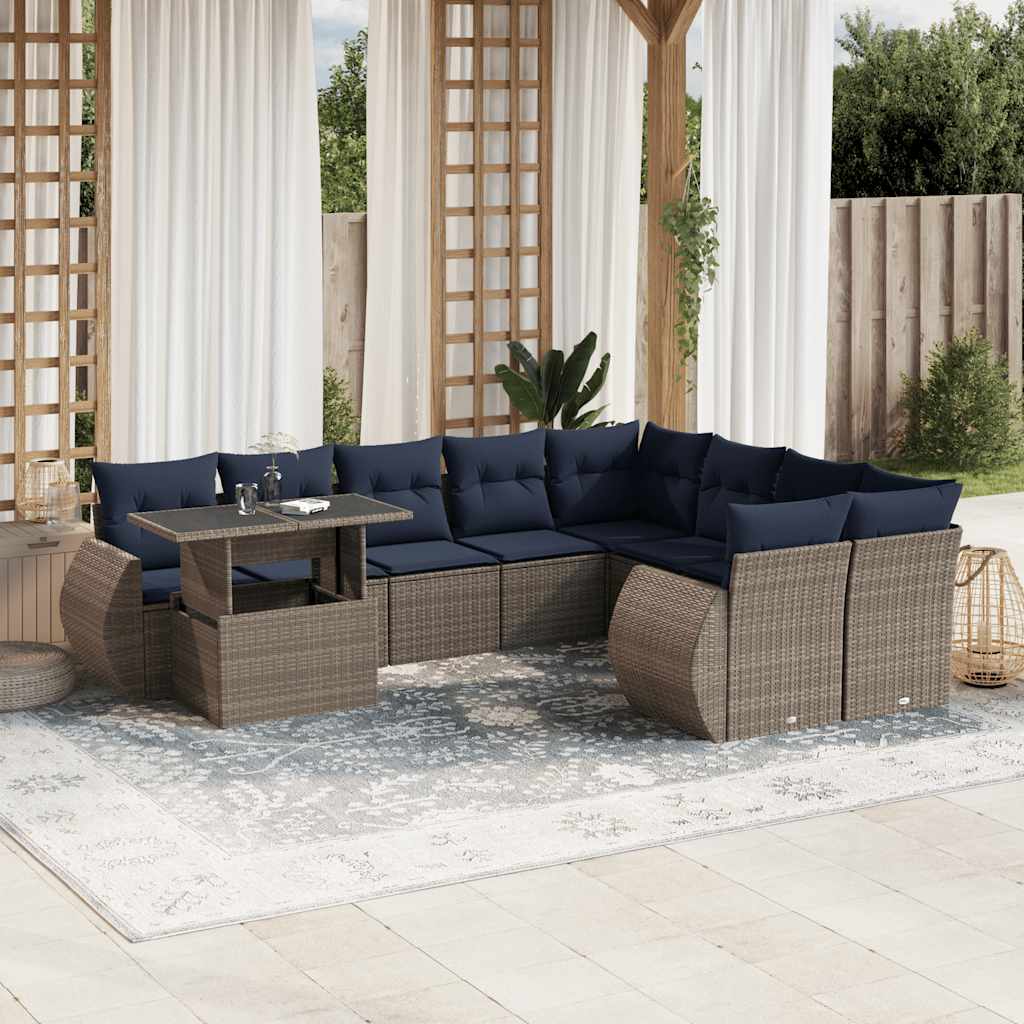 havesofasæt med 10 dele og hynder grå polyrattan