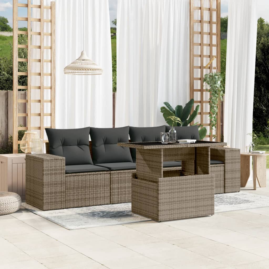 sofasæt 5 dele med hynder polyrattan grå