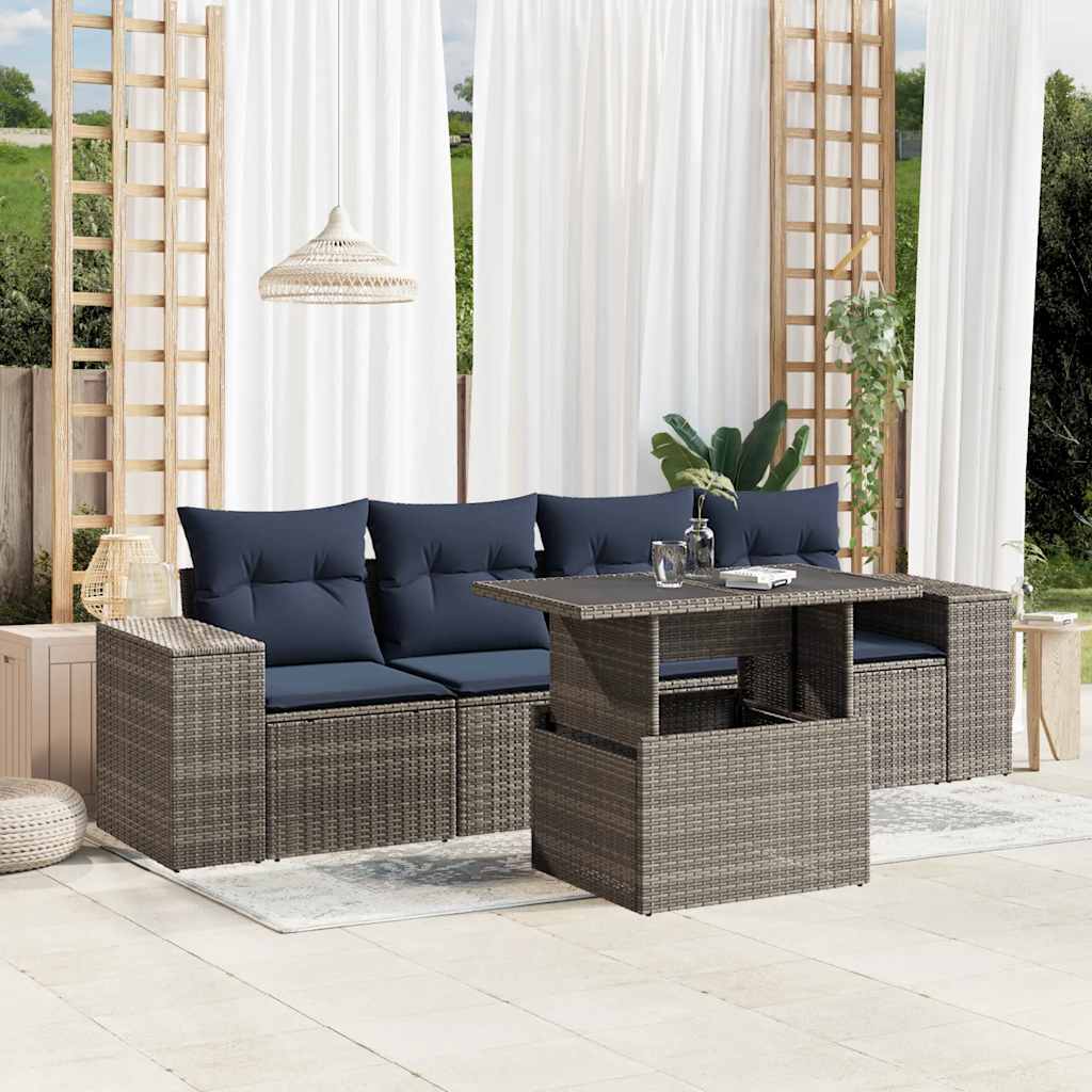 havesofasæt med 5 dele og hynder grå polyrattan