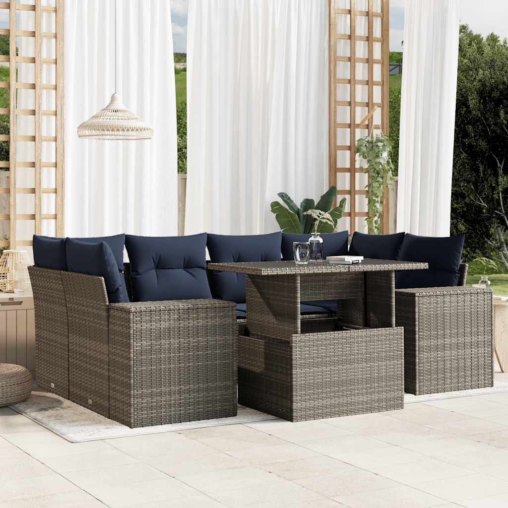 havesofasæt med 7 dele og hynder grå polyrattan