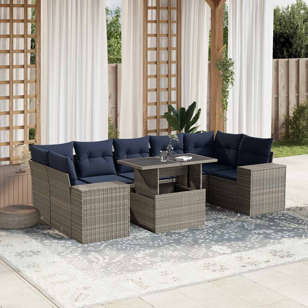 havesofasæt med 8 hynder grå polyrattan