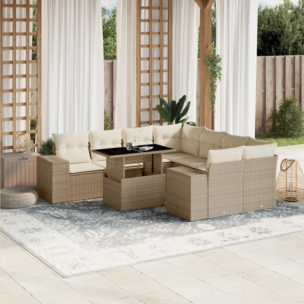 sofasæt til haven 9 dele med hynder polyrattan beige