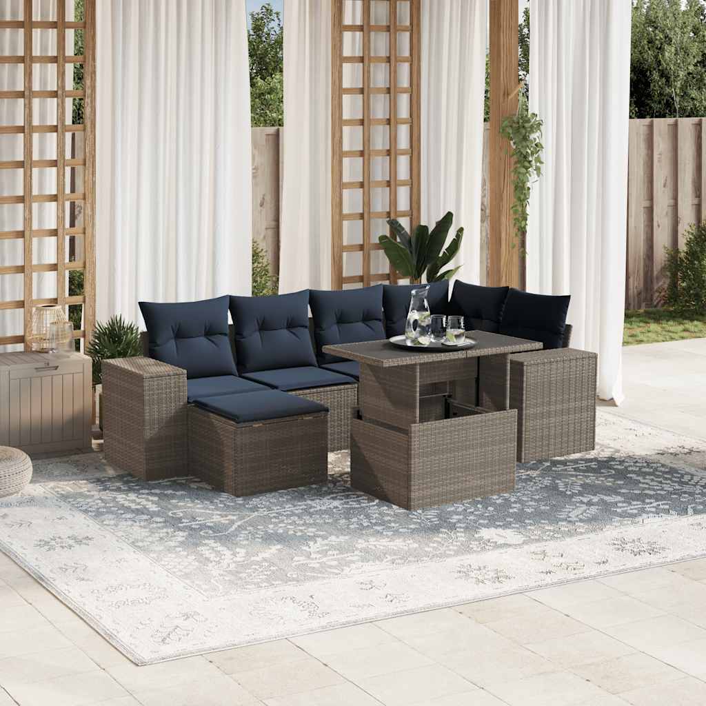 havesofasæt med 7 dele og hynder grå polyrattan