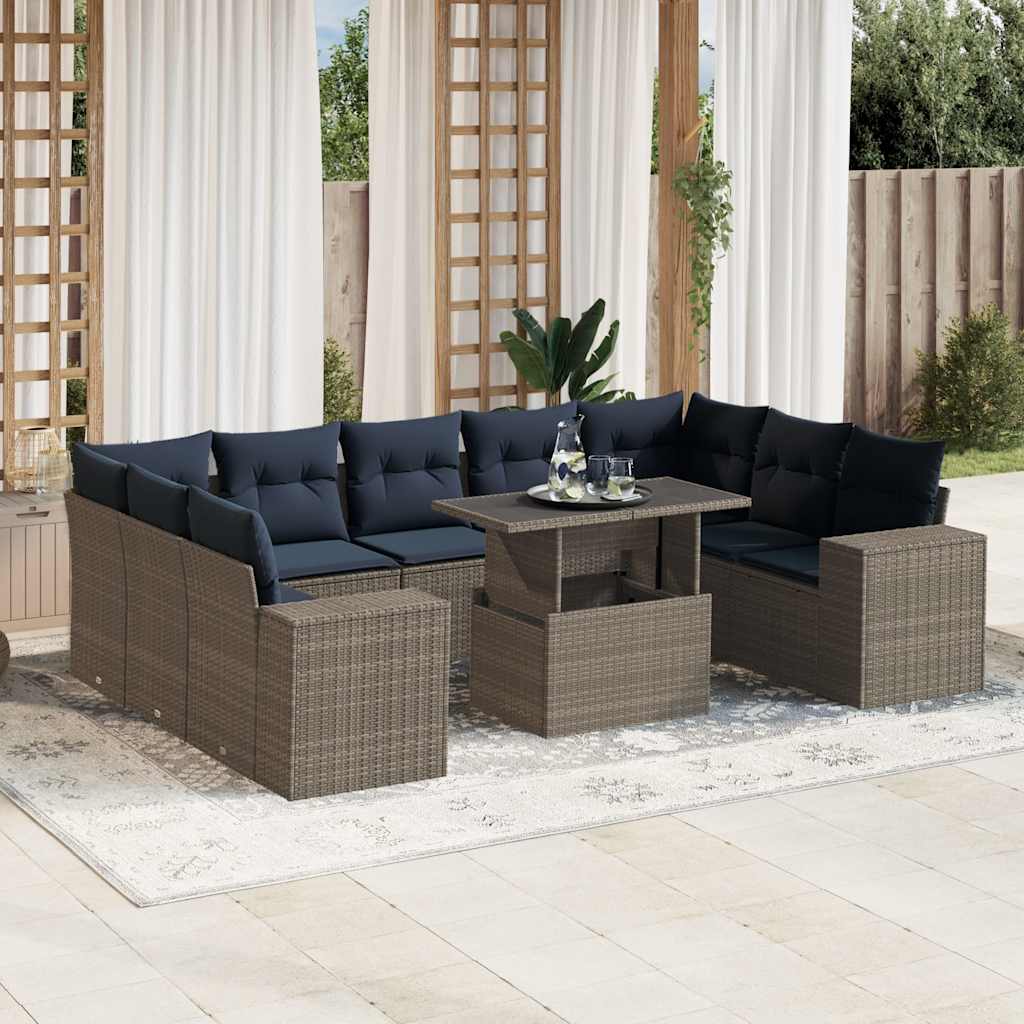 havesofasæt med 10 dele og hynder grå polyrattan