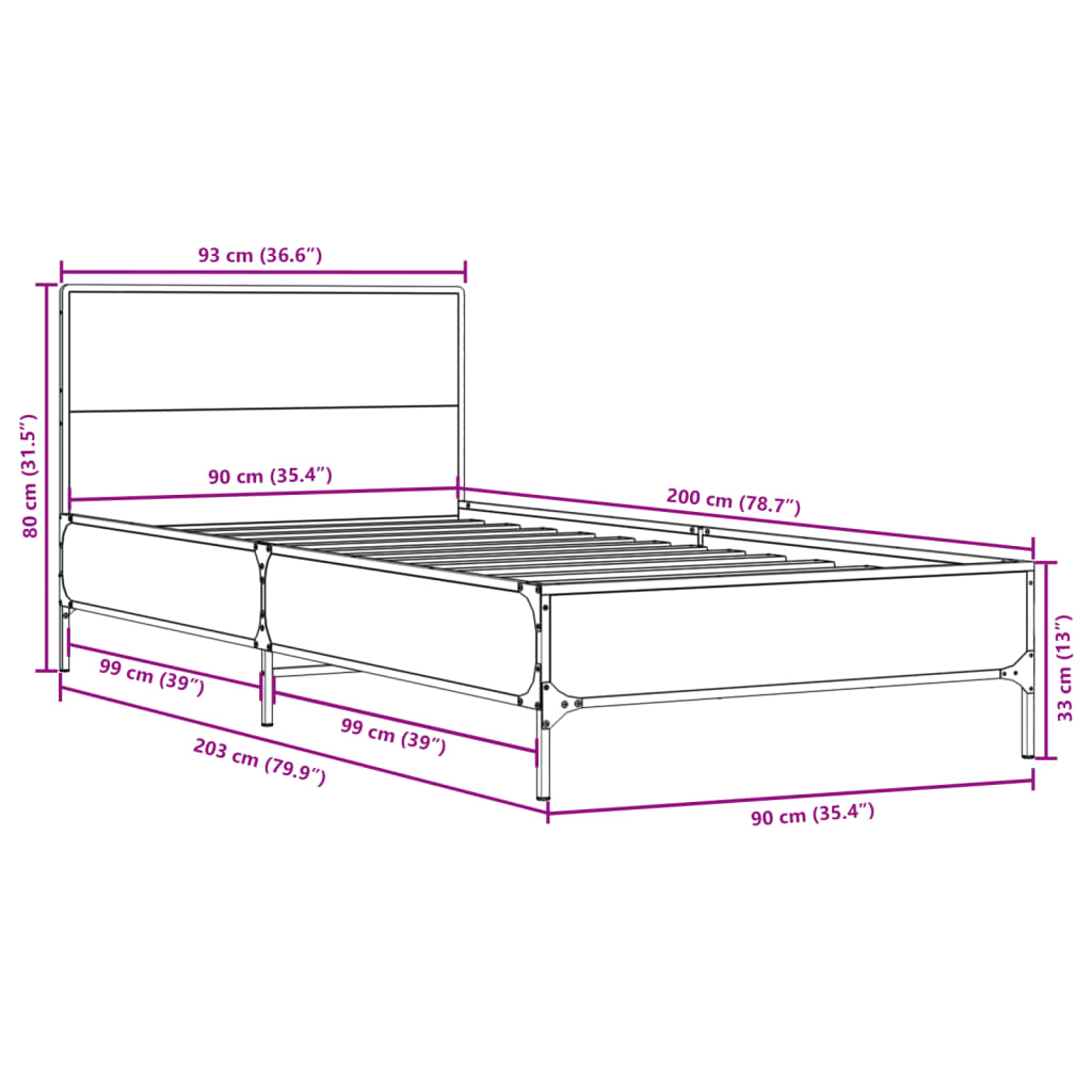 sengeramme 90x200 cm konstrueret træ og metal grå sonoma-eg