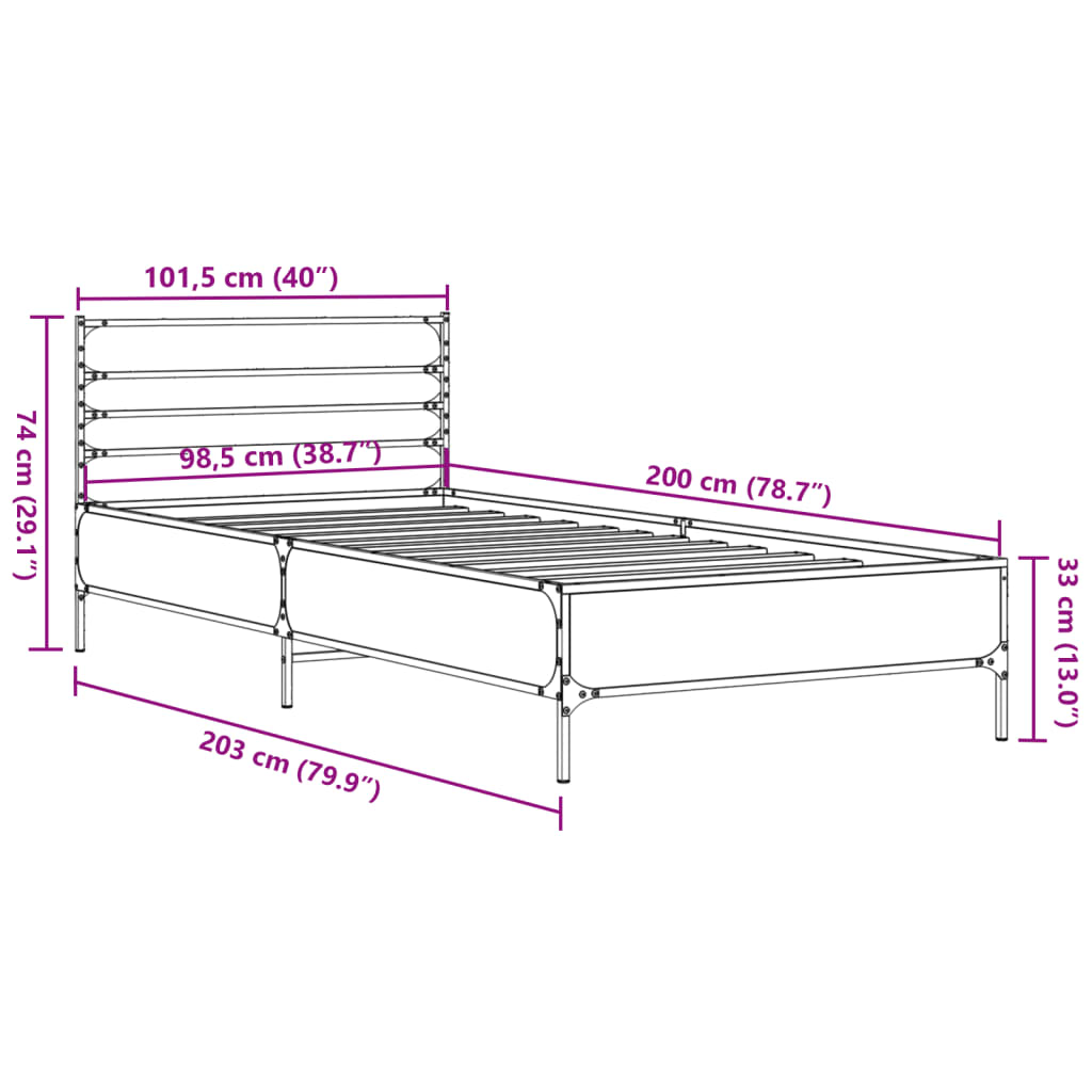sengeramme 100x200 cm konstrueret træ og metal grå sonoma-eg