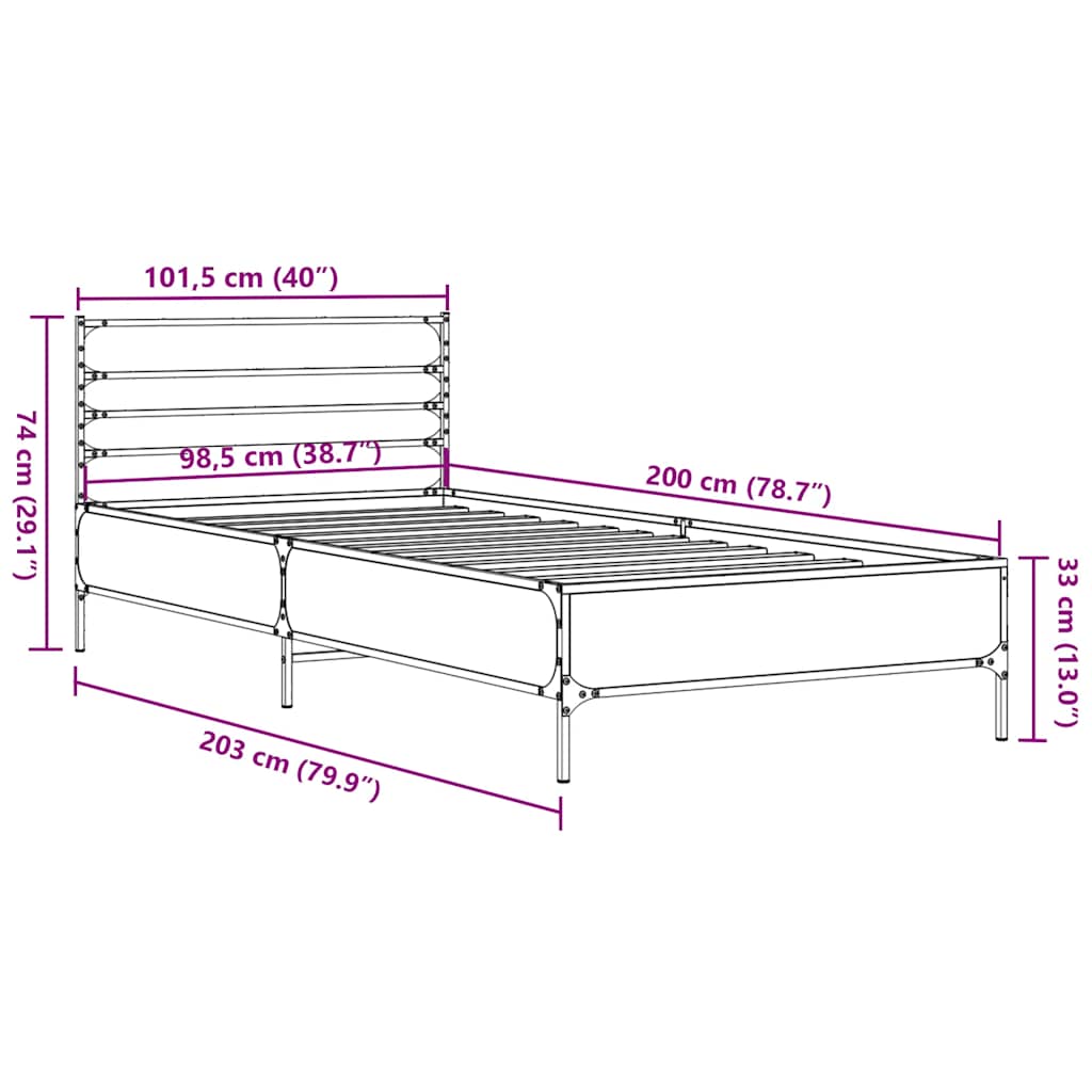 sengeramme 100x200 cm konstrueret træ og metal brunt egetræ