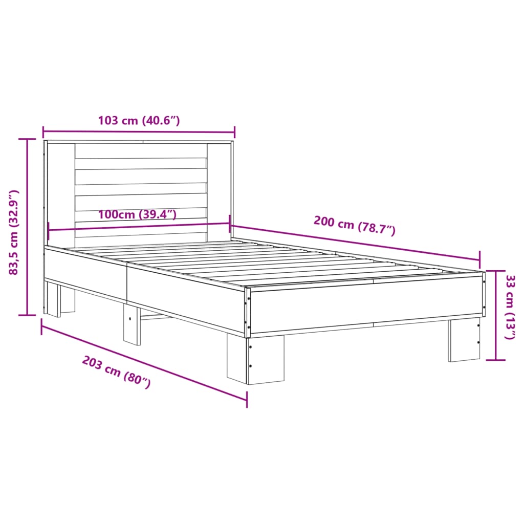 sengeramme 100x200 cm konstrueret træ og metal grå sonoma-eg