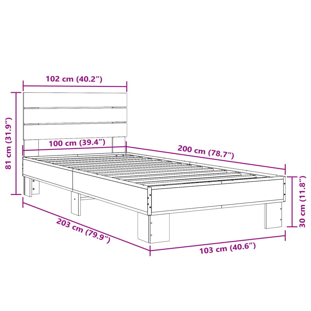 sengeramme 100x200 cm konstrueret træ og metal røget eg
