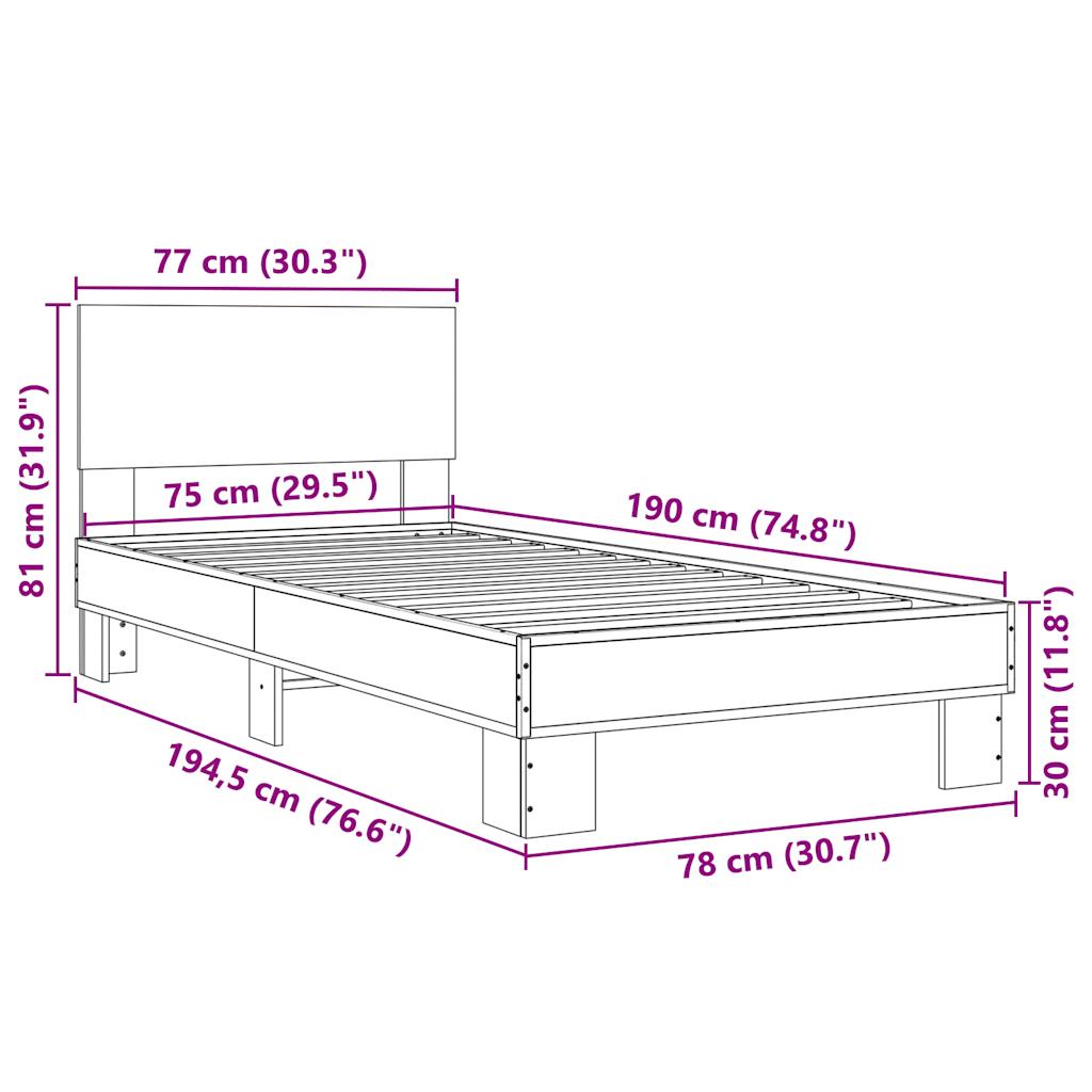 sengeramme 75x190 cm konstrueret træ og metal brun egetræsfarve