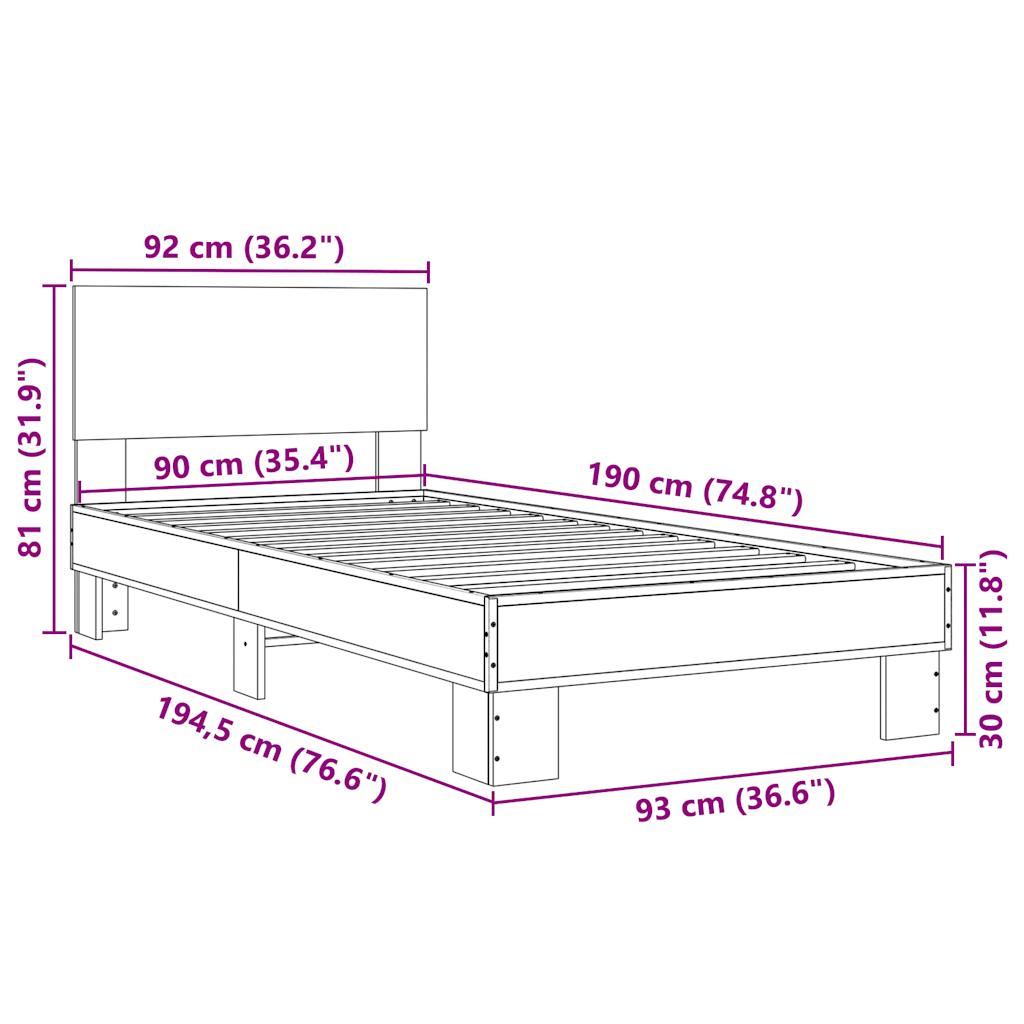 sengeramme 90x190 cm konstrueret træ og metal brun egetræsfarve