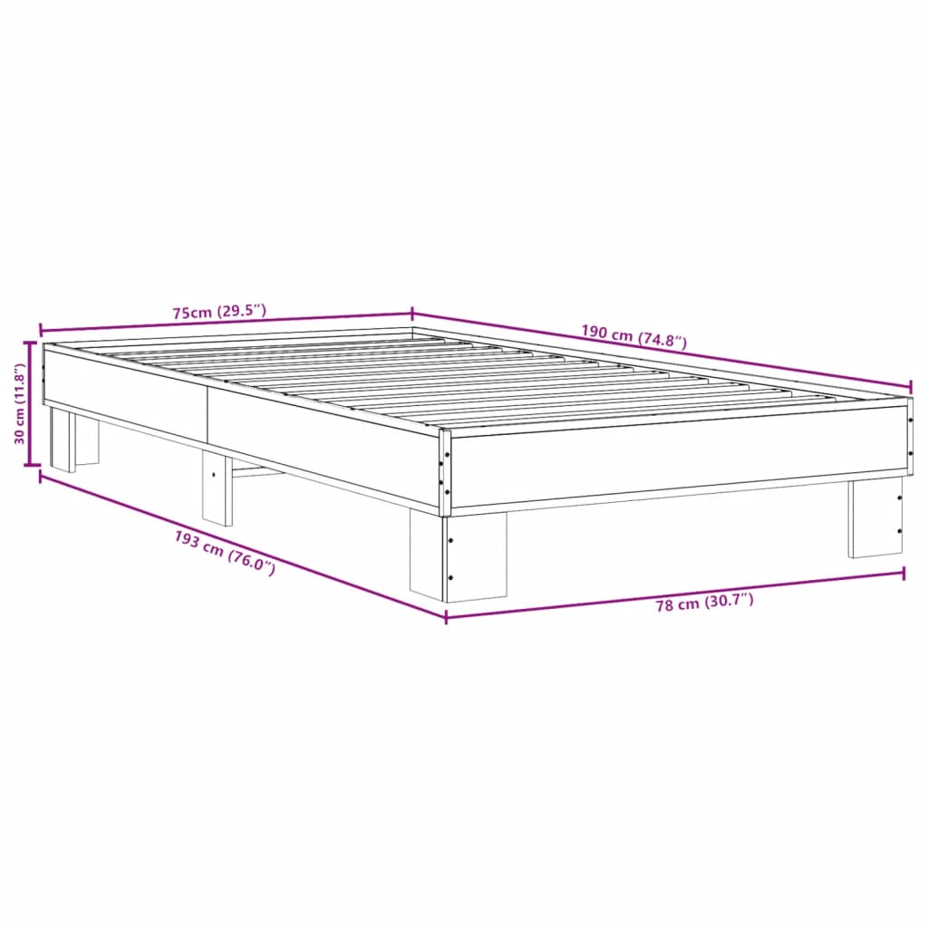 sengeramme 75x190 cm konstrueret træ og metal grå sonoma-eg