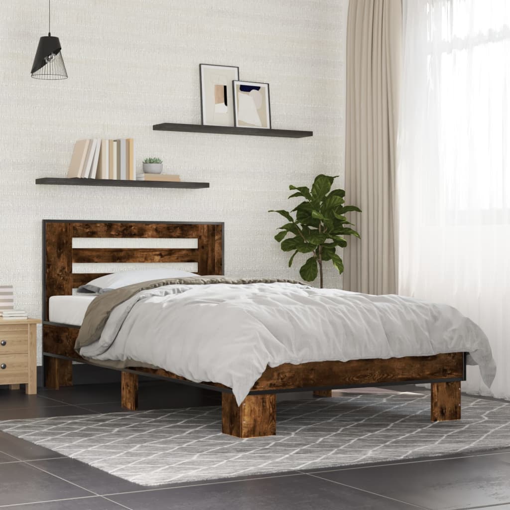 sengeramme 90x190 cm konstrueret træ og metal røget eg