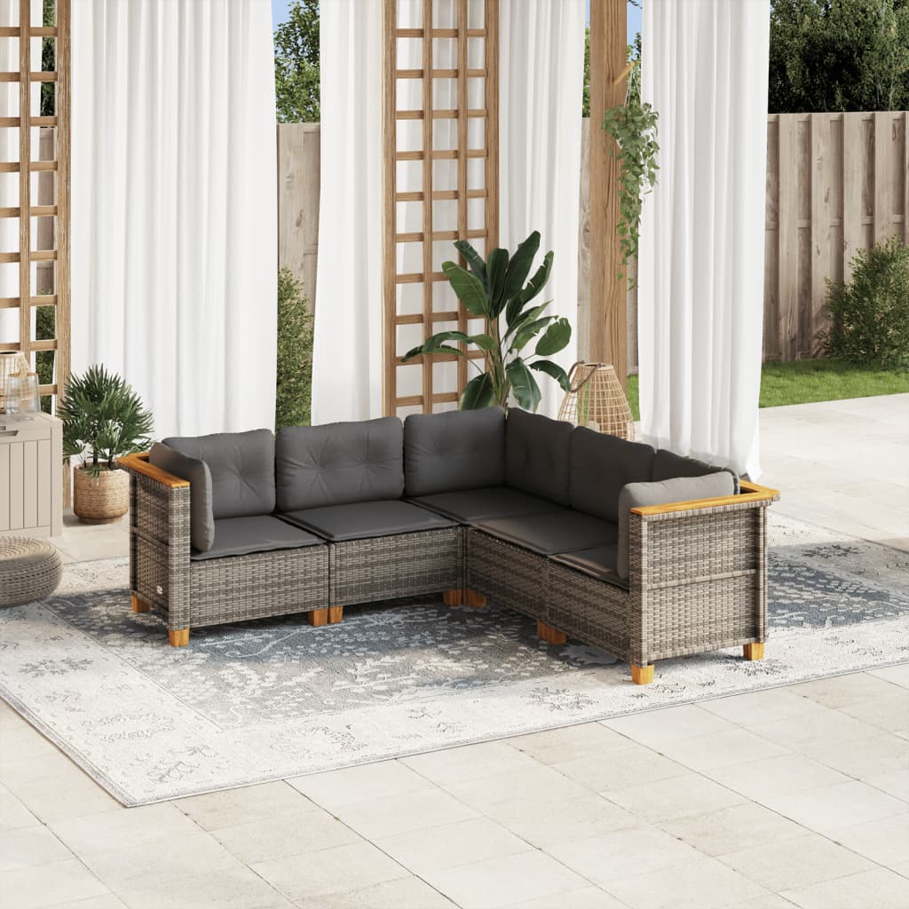 sofasæt 5 dele med hynder polyrattan grå