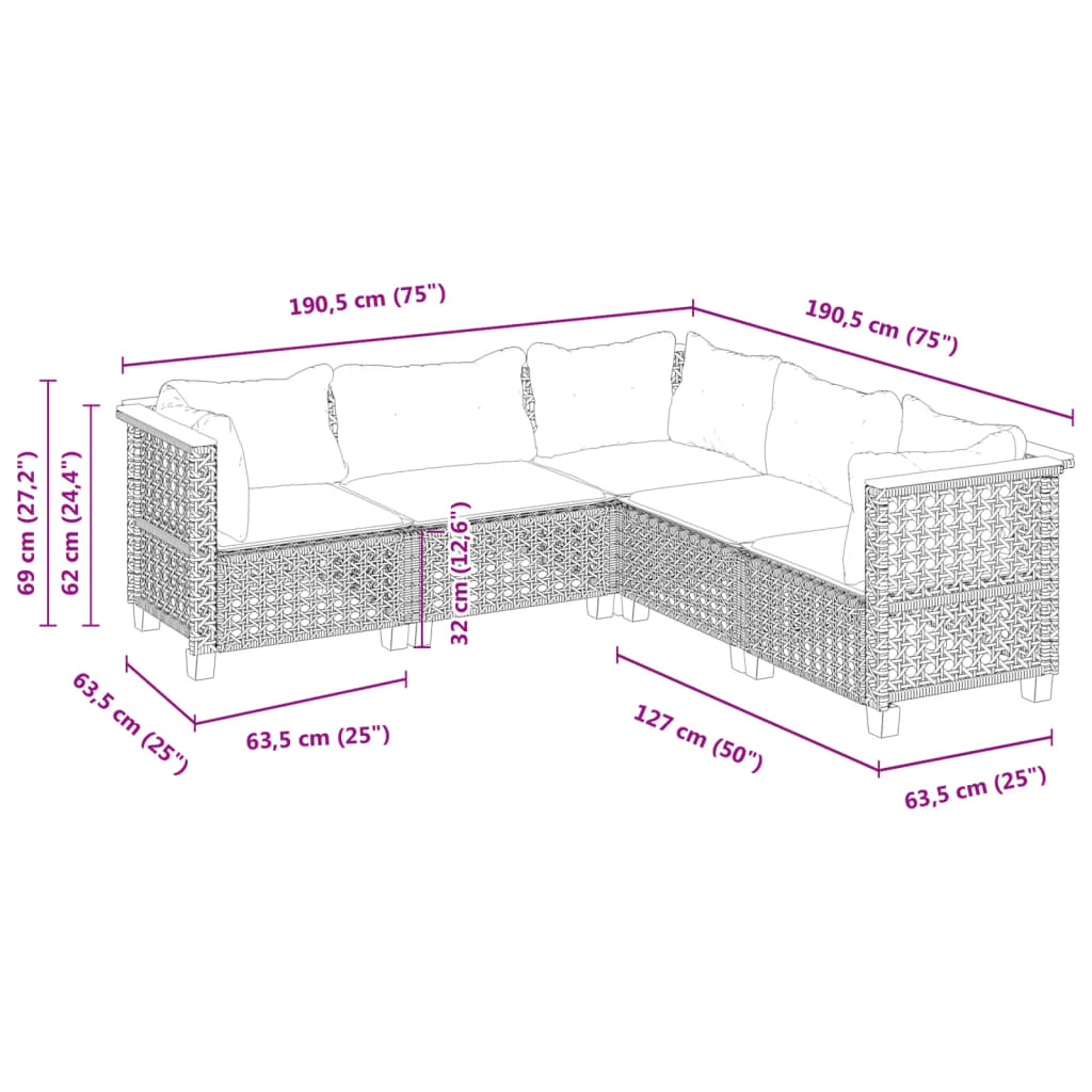 sofasæt 5 dele med hynder polyrattan grå