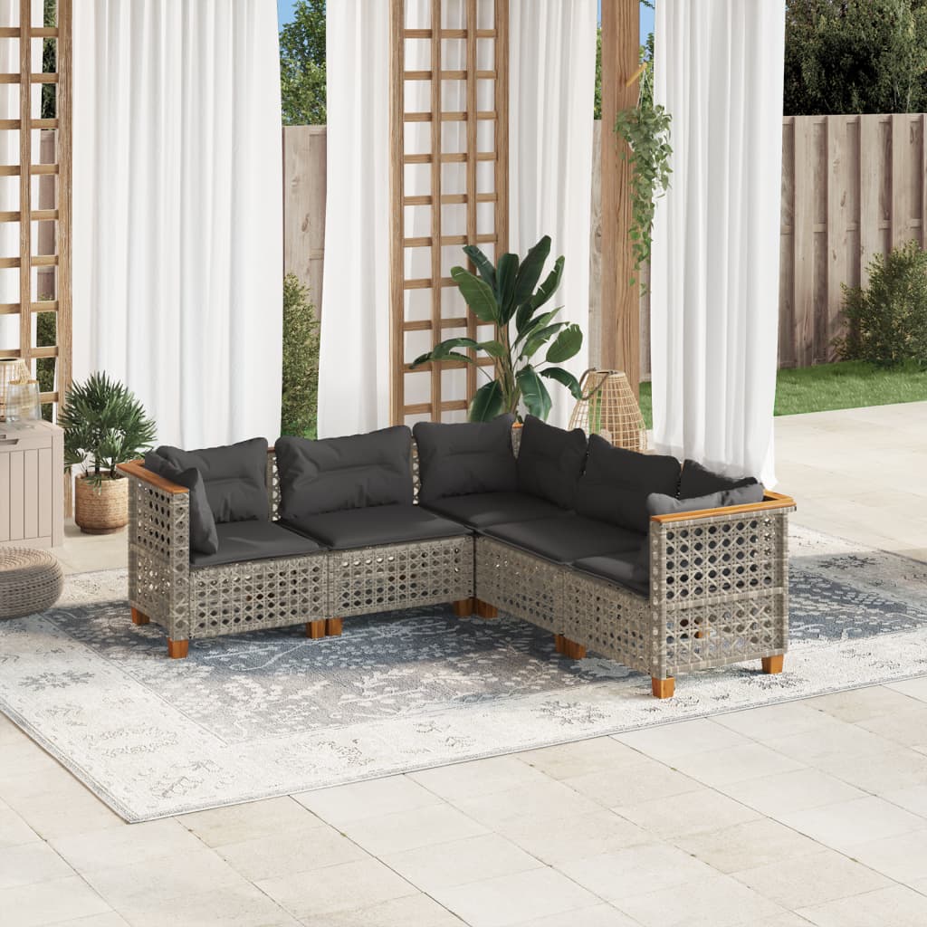 sofasæt 5 dele med hynder polyrattan grå