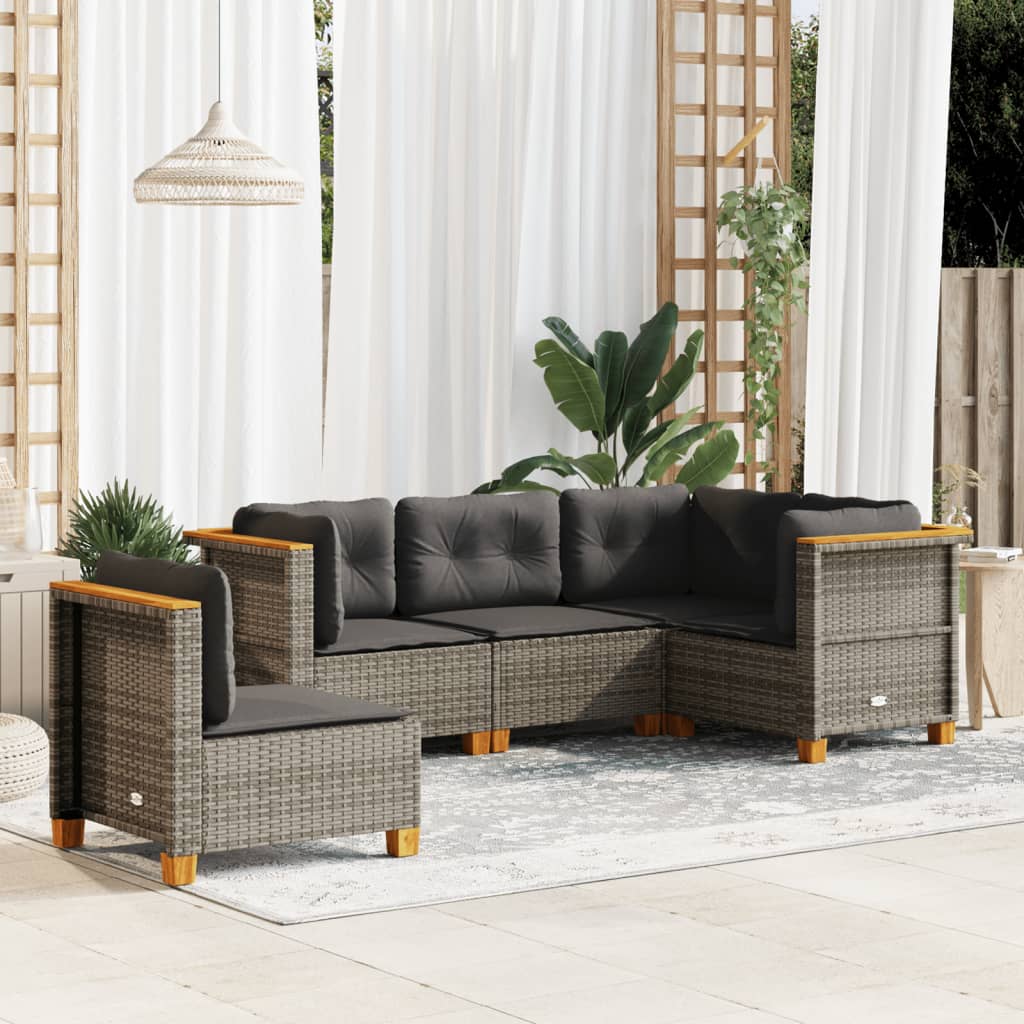 sofasæt 5 dele med hynder polyrattan grå