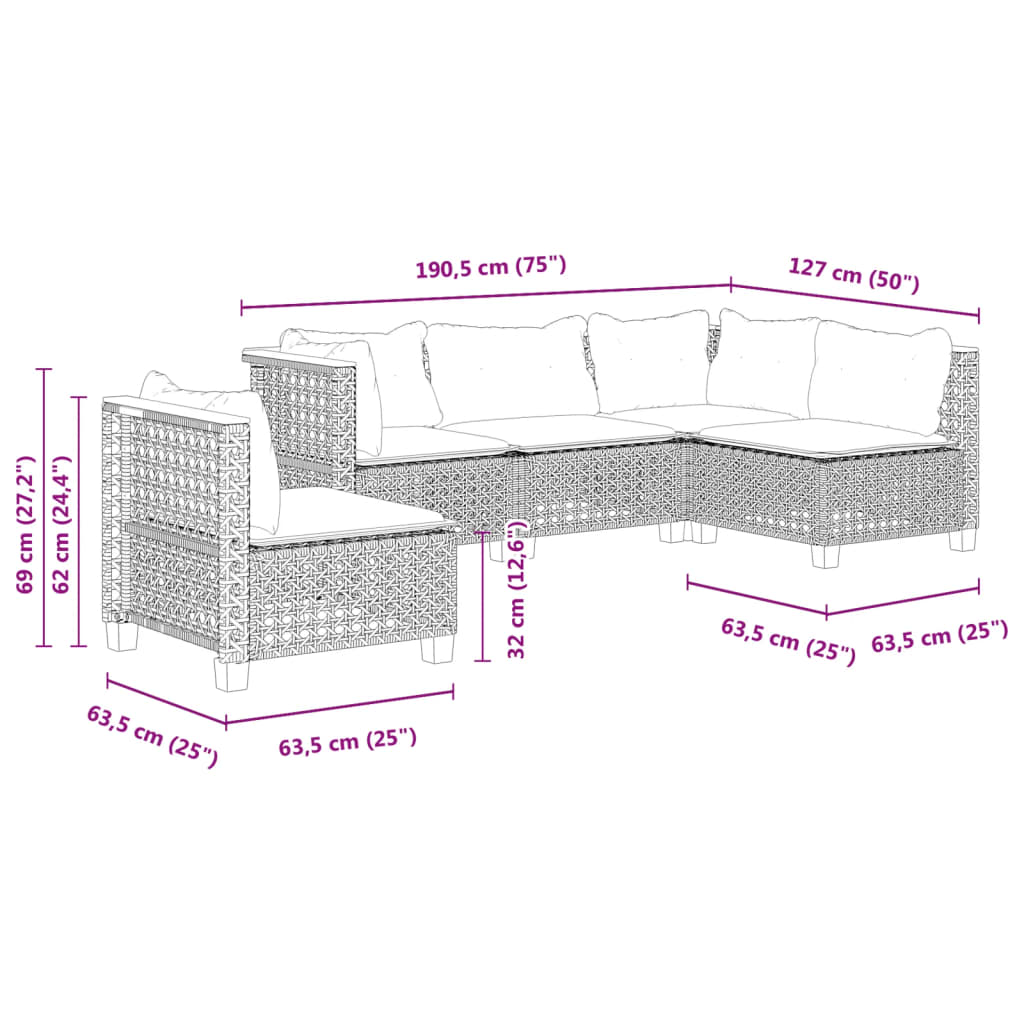 sofasæt 5 dele med hynder polyrattan grå